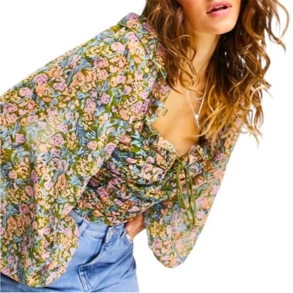 FREE PEOPLE MABEL PRINTED Blouson Sleeves Regency Chloe Flouncy Top Small NWT